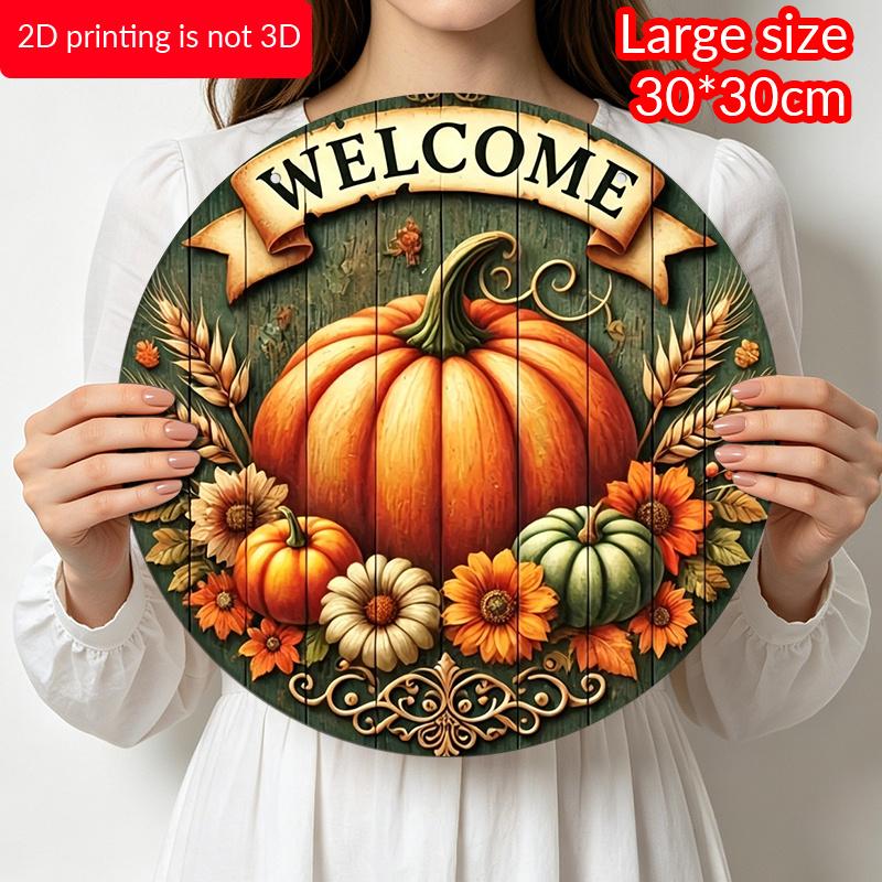 2D Flat, 1pc Aluminum Pumpkin Wreath Welcome Sign And Hanging Decor, Autumn And Thanksgiving Hanging Decoration, Suitable for Fall Harvest Greeting