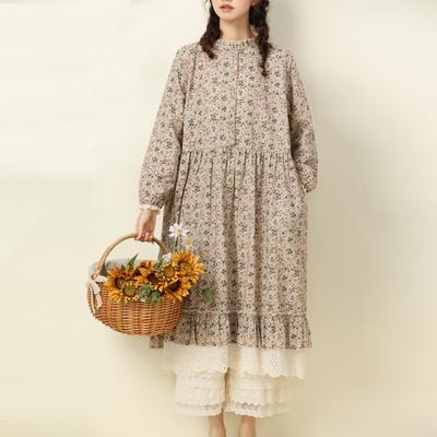 Japon Vintage Baskılı Patchwork Dantel Elbiseler Bahar Gevşek Cepler Fırfırlı Kadın Elbisesi