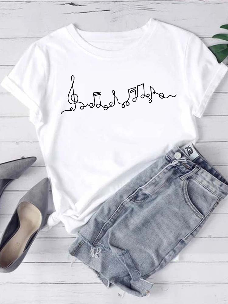 T-shirt Mode Femme Imprimé Notes de Musique T-shirt Décontracté Hauts Noirs Années 90 Dames Filles T-shirt FeUnisex Harajuku T-shirt Graphique