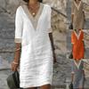 Women's V Neck Three Quarter Sleeve Mini Dress Straight Fit Mid Waist Solid Color Lace Patchwork Linen Blend Casual Summer Shift Dress