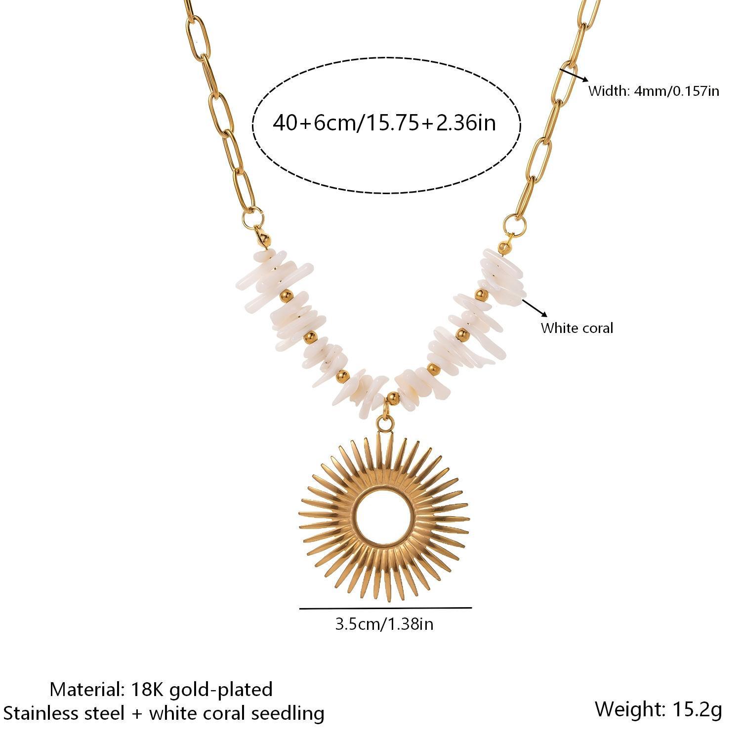 Gold-Plated Stainless Steel Sunflower Necklace with Natural White Seashell and Crushed Stone Beads - Light Luxury Retro Style 18K