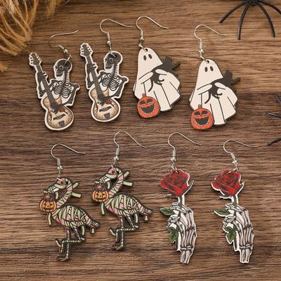 Halloween Gotický Styl Kostra Plameňák Dýně Duch Přívěsek Dřevěné Festivalové Náušnice