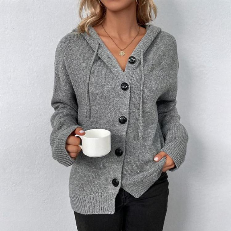 Women's Hooded Jacket with Solid Color Knitted Cardigan Drawstring