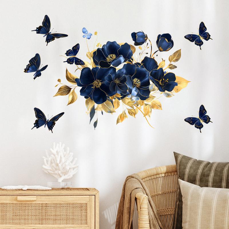Blue Floral Butterfly Wall Sticker Self Adhesive Home Decor for Living Room Bedroom Bathroom Entrance Background Removable Decal