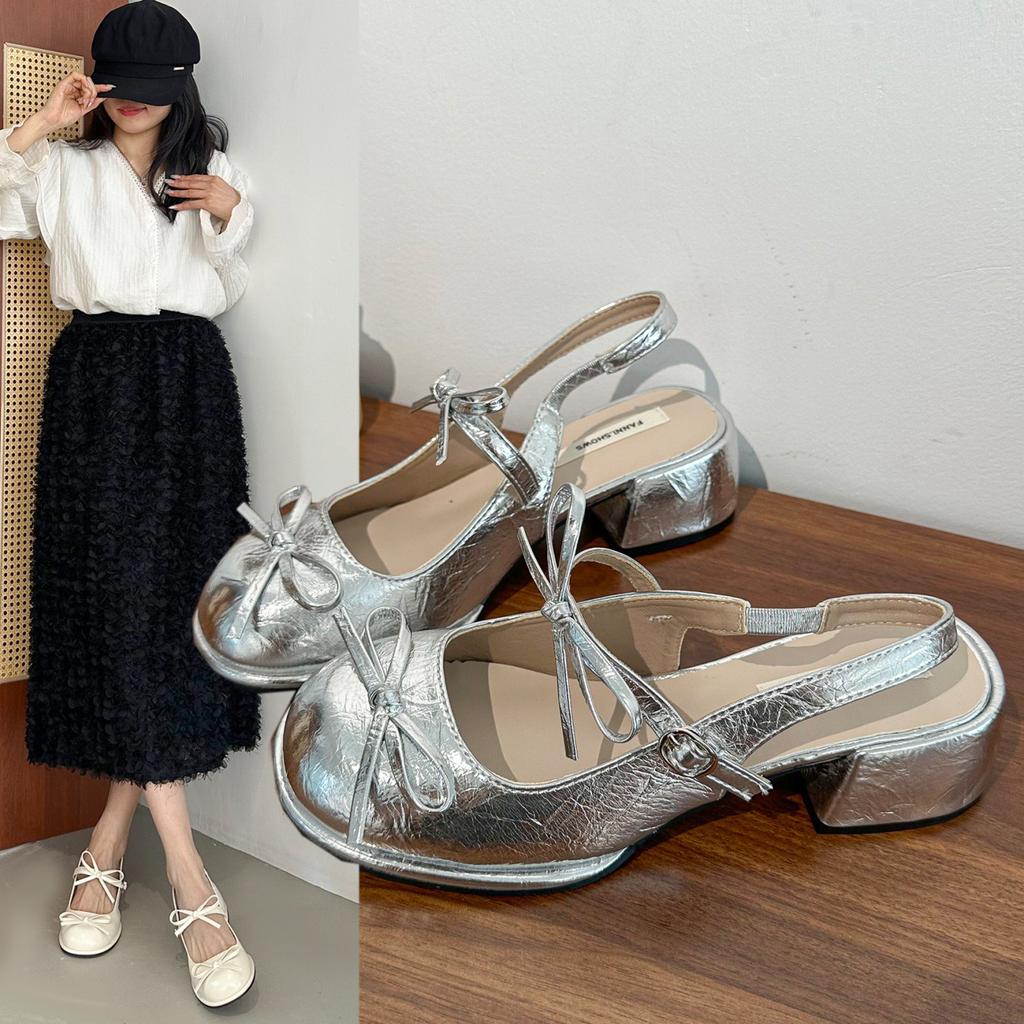 French Exquisite Sweet Bow Square Head Thick Heel High Heels Women's 2025 Summer Bag Head Roman Sandals Empty Shoes