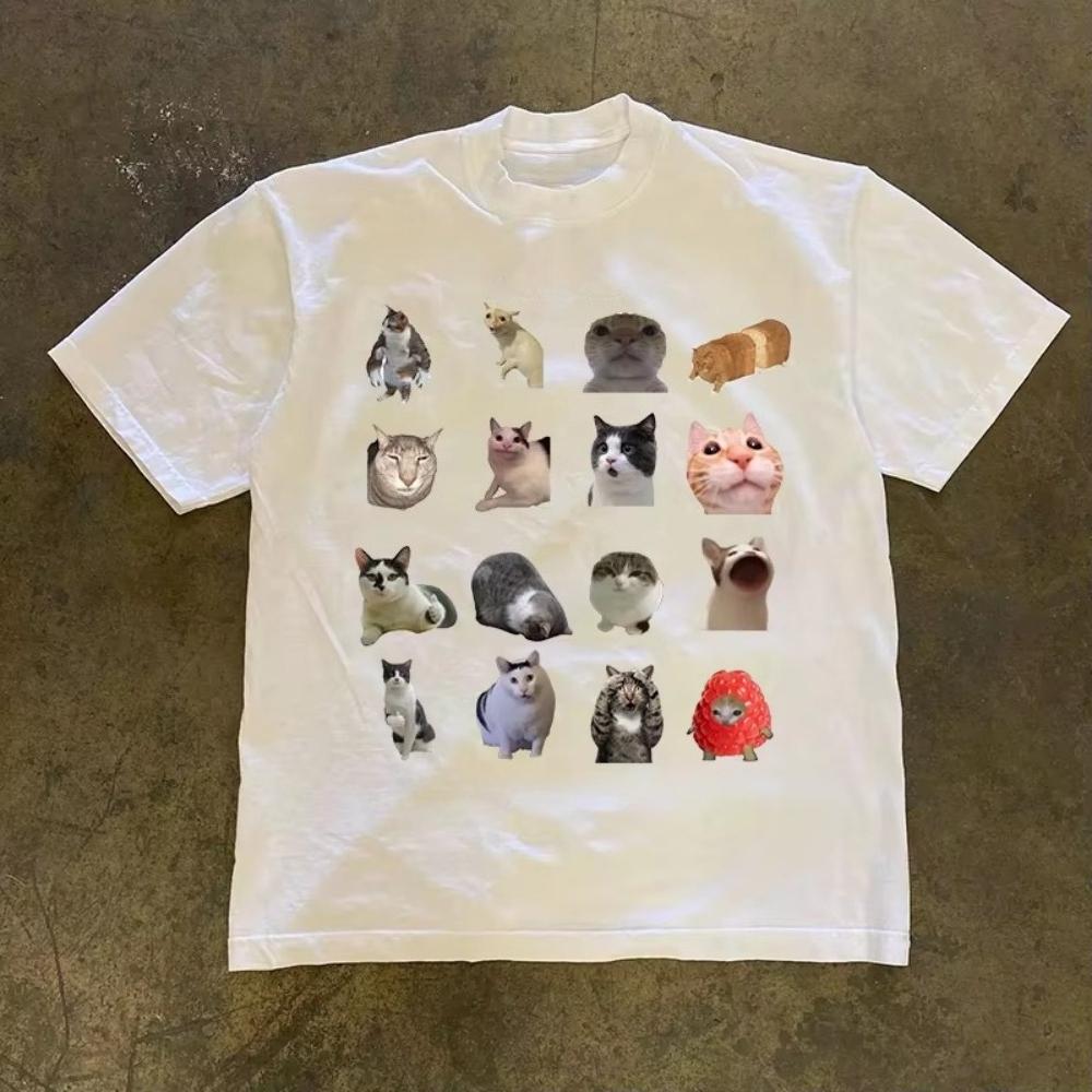 

Funny Cat Memes American Retro Cotton Summer Casual Wear Suitable for Unisex and Women T Shirt L