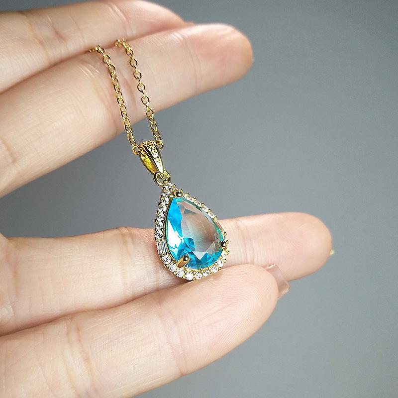 Water Drop-Shaped Aquamarine Pendant Temperament Inlaid With Imitation Emerald Yellow Zirconium White Gold Necklace Women