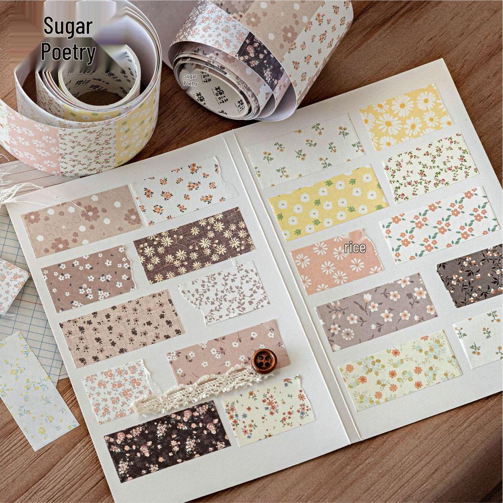 Sugar Poem Floral Collection Die-Cut White Kraft Paper Adhesive Tape - 6 Floral Styles for Decorative Collage & Journaling