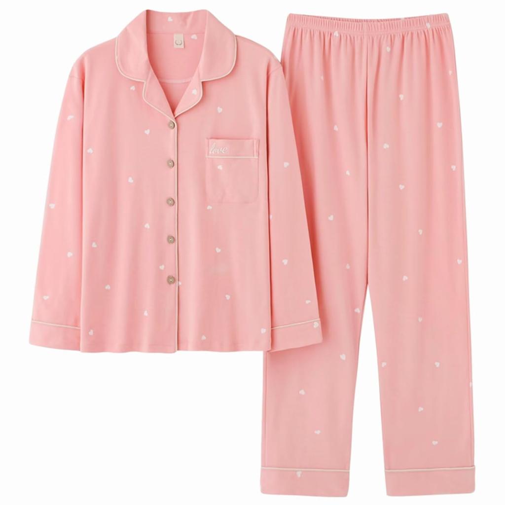 HEWEAYTA Long Sleeve Loungewear Loose Soft Size Women's Pajamas, Spring/Summer/Autumn, Open-Front, Set, Comfortable, Fit, (64 Pink, L)