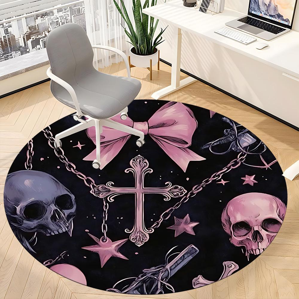 1pc Bow Gothic Skulls Office Round Area Rug, Indoor Mat Suitable ForOffice, Under Office Chairs Bedroom Living Room Home Decor, Room Deco, n60