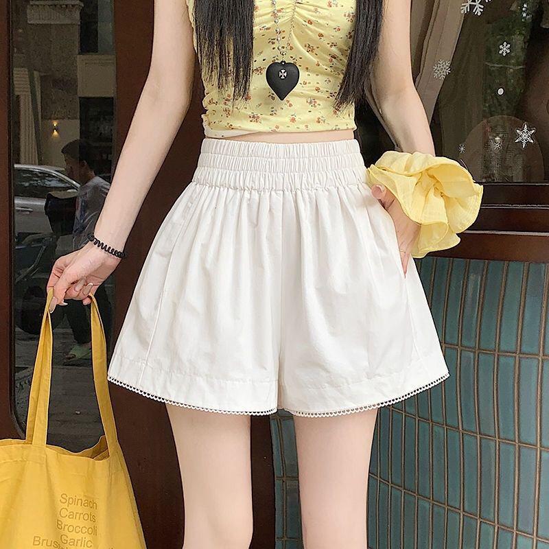 Summer 2026 High-Waisted Elastic Lace Wide-Leg Shorts - Slimming Casual Bud-Shaped Hot Pants