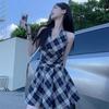 Women's Black & White Plaid V-Neck Halter Tie-Up A-Line Mini Dress, Spring/Summer 2025 Collection - Waist-Cinching, Slimming Fit.
