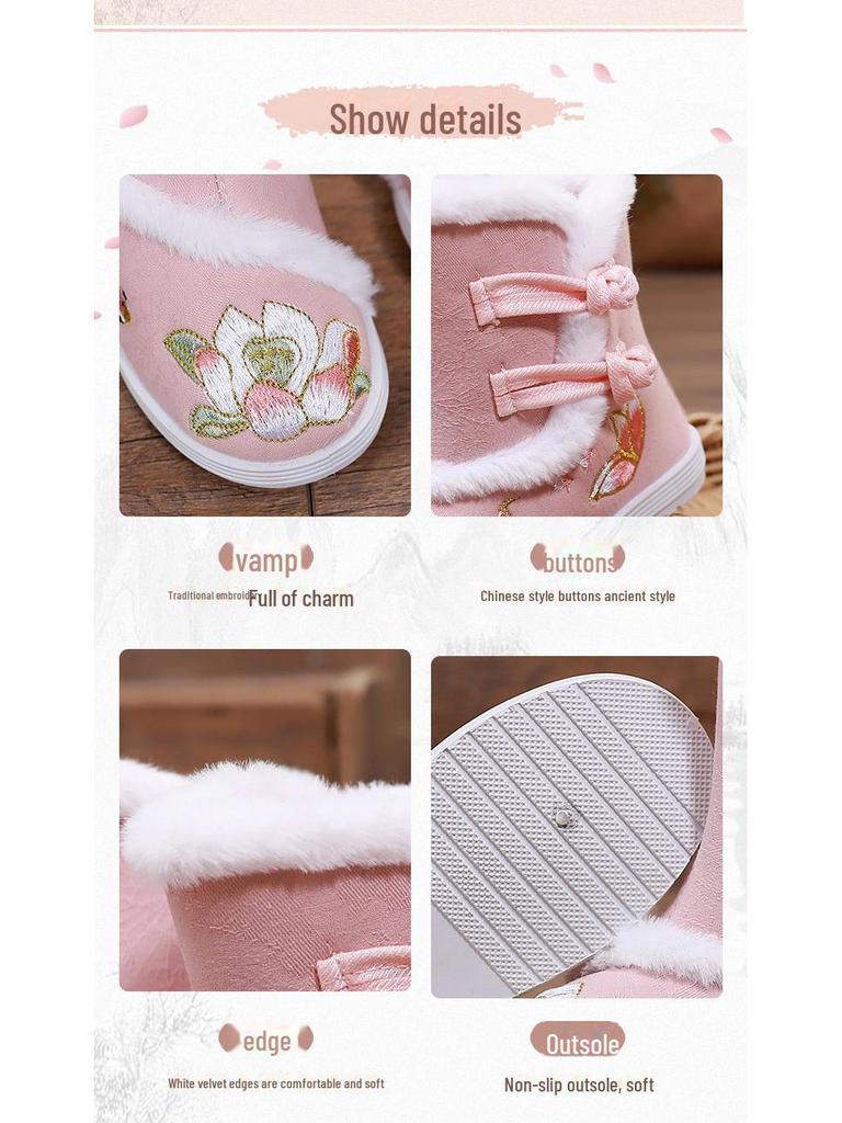 Embroidered Girls' Hanfu Winter Boots: Velvet-Lined Chinese Style New Year Shoes