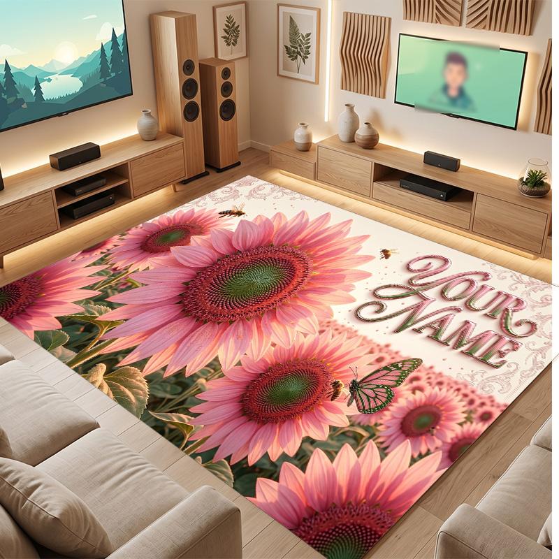 Floral Garden Theme Soft Crystal Velvet Rug Custom Name & Text Print Non Slip Floor Rug for Bedroom Living Room