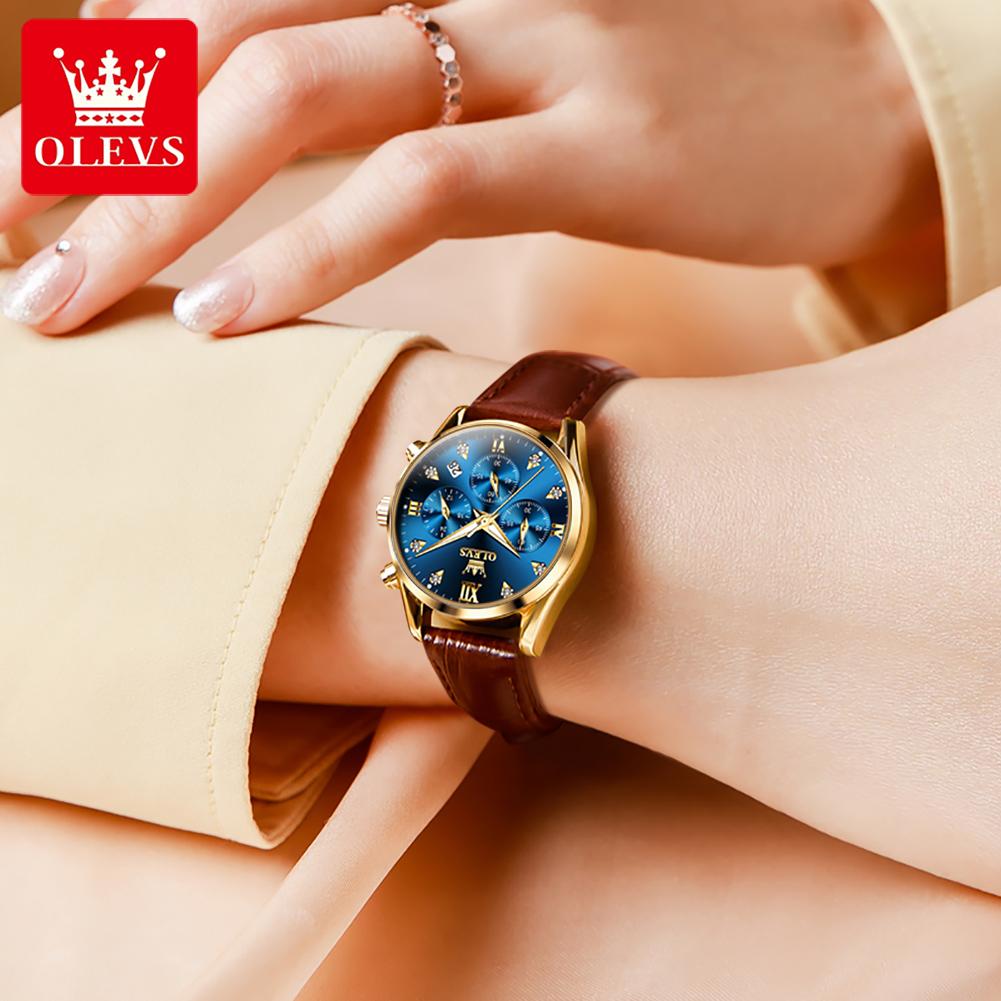 OLEVS 5523 Original Brand Women's Watches Fashion Waterproof Leather Strap Quartz Watch for Lady Chronograph Luminous Wristwatch