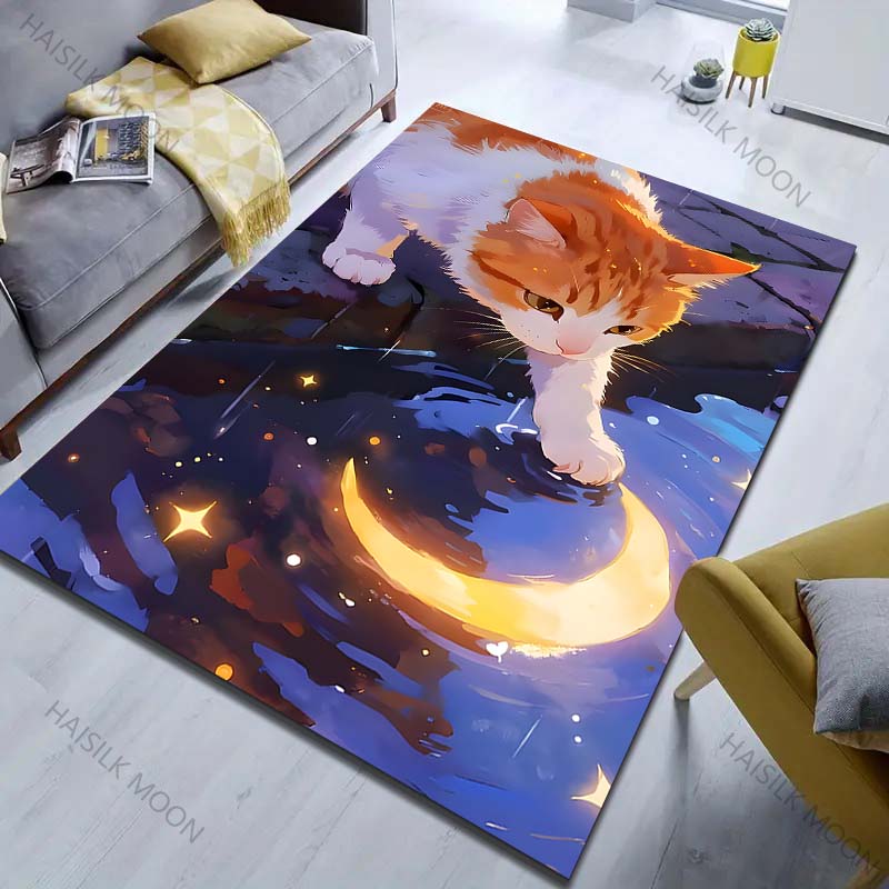 1PC Cat plays with moon reflection Carpet for Living Room Bedroom Sofa Home Decor Rus Non-slip Floor Mat Luxury Gift