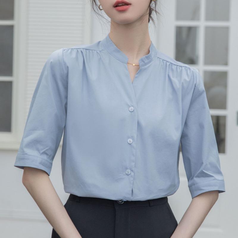 

GMXIA Женская рубашка с воротником-стойкой и рукавом пять минут, летняя хлопковая рубашка с V-образным вырезом и рукавами средней длины, профессиональная рубашка, стильная блузка для поездок на работу и собеседований XXL синий