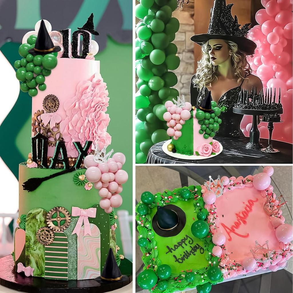 42pcs Witch Cake Topper Set, Mini Witch Hat & Silver Crown, Pink Green Foam Ball Cake Decorations for Halloween Party, Birthday
