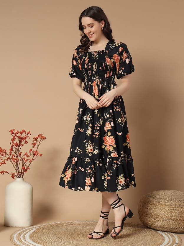 Women Empire Waist Black Midi/Calf Length Dress Gown Kurta Party Wear Top Tunic