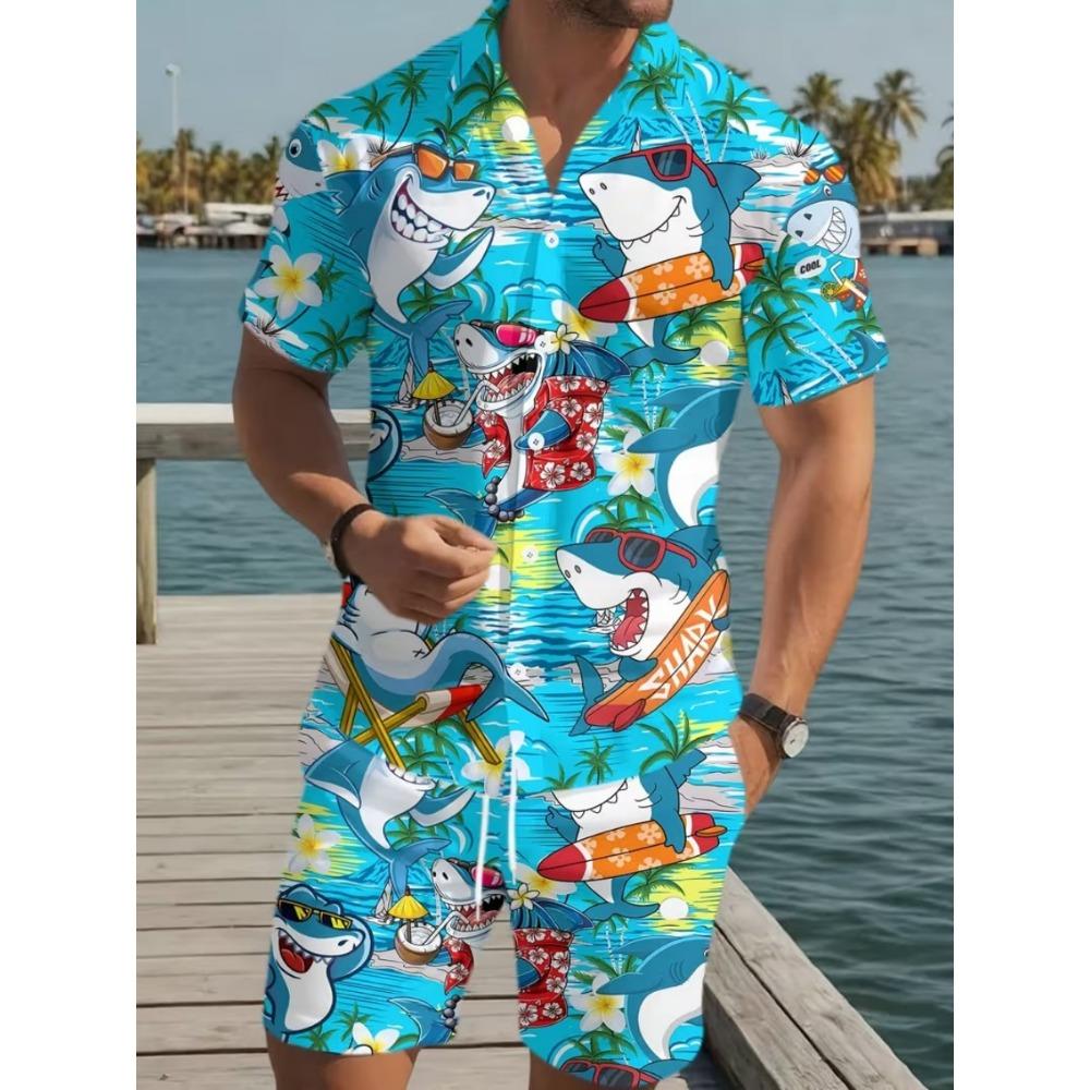 Completo estivo a maniche corte da uomo e da donna Stampa con motivo irregolare Stile marino Moda Camicia con bottoni Top Pantaloncini corti