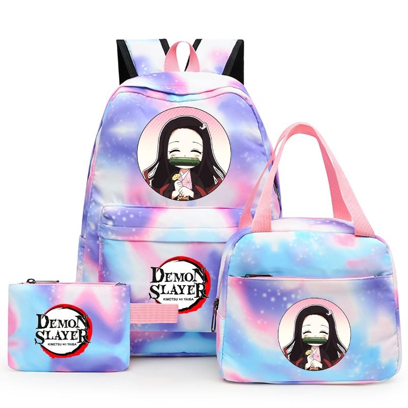 3ks/set Anime Demon Slayer Batoh pro dívky Chlapci Back To School Bag with Lunch Bag Student Bookbag Muži Ženy Cestovní taška Mochil