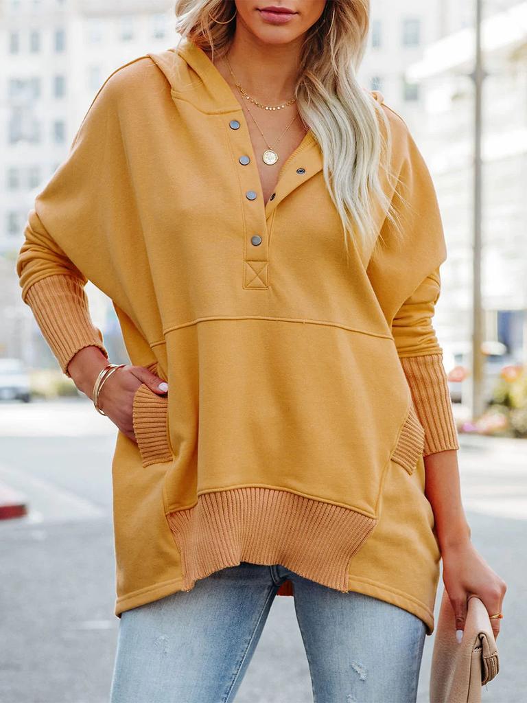 Women's Sweatshirt Fashionable V-neck Hooded Bat-sleeve Top Casual Loose Threaded Pullover