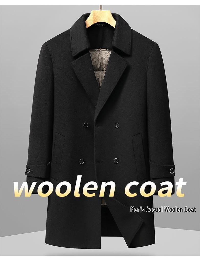 Men's Plus Size Mid-length Down Wool Blend Coat - 2025 Winter Warm Windbreaker with Loose Down Liner
