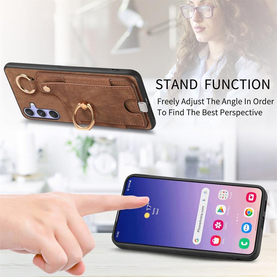 Dönebilen Yüzük Standlı Tutucu Telefon Kılıfı Kart Tutucu ve Manyetik Araç Montajı ile iPhone Samsung Xiaomi Google için Deri Telefon Kılıfı