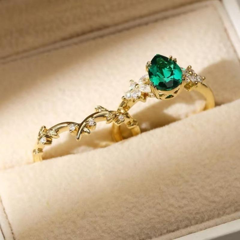 

European and American new fashion flower shape green zircon inlaid luxury personalized women s ring 8&Gold-color зелений