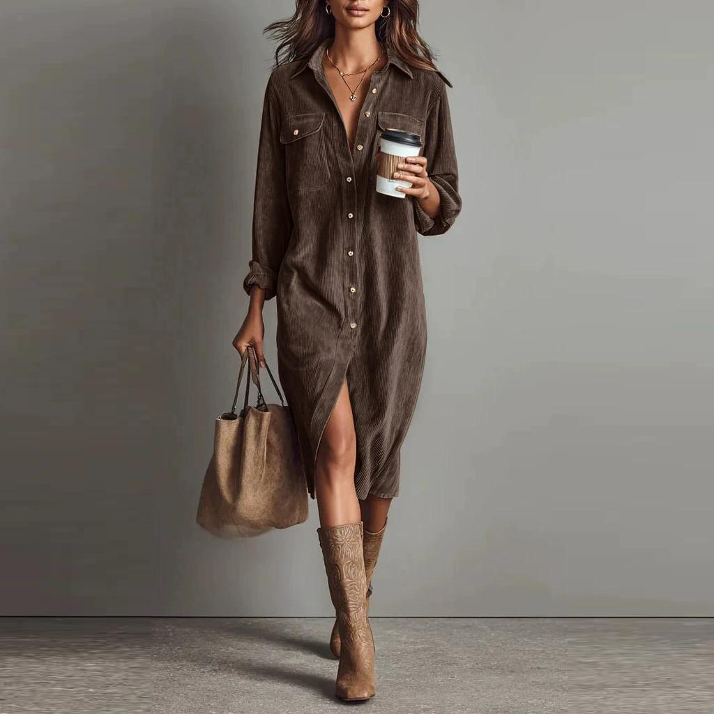 Vintage Women's Dress Spring Summer Office Lady Solid Corduroy Long Sleeve Lapel Shirt Loose Maxi Dresses for Women