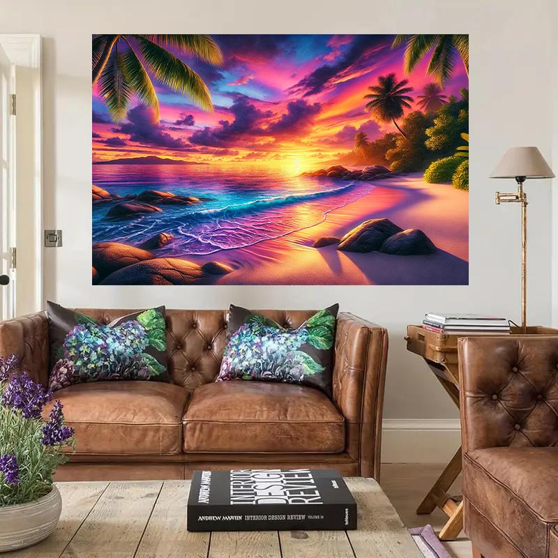 2D plane 1 piece of tropical sunset beach scene background banner suitable for living room bedroom office and home