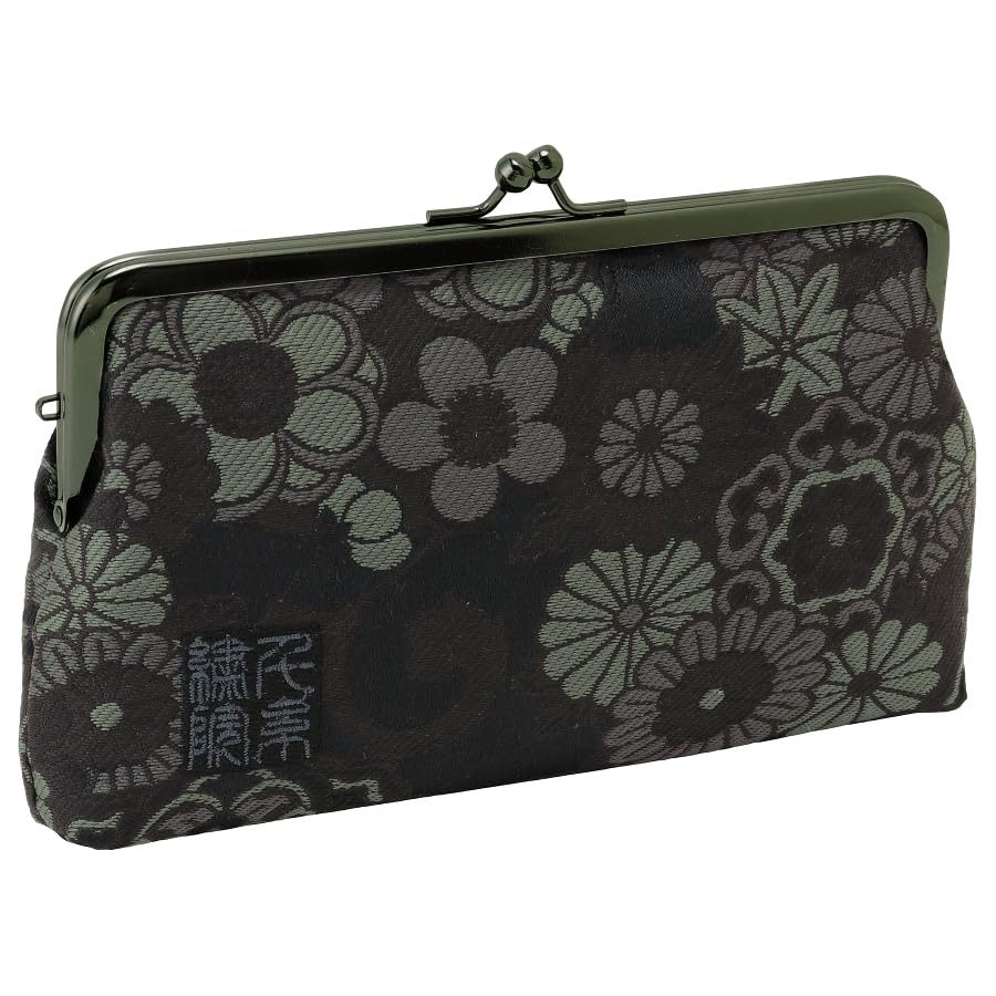 Senshishuin Nishijin Brocade Clasp Flat Pouch Floral (Lined) (Black Pattern)