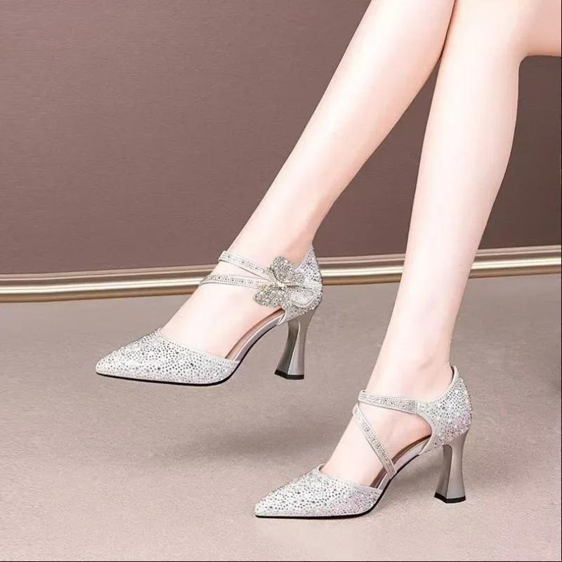 Women Sandals 2025 New Luxury Shoes Korean Style Casual Hollow Shoes for Women Trendy Pointed Toe High Heels Sandals