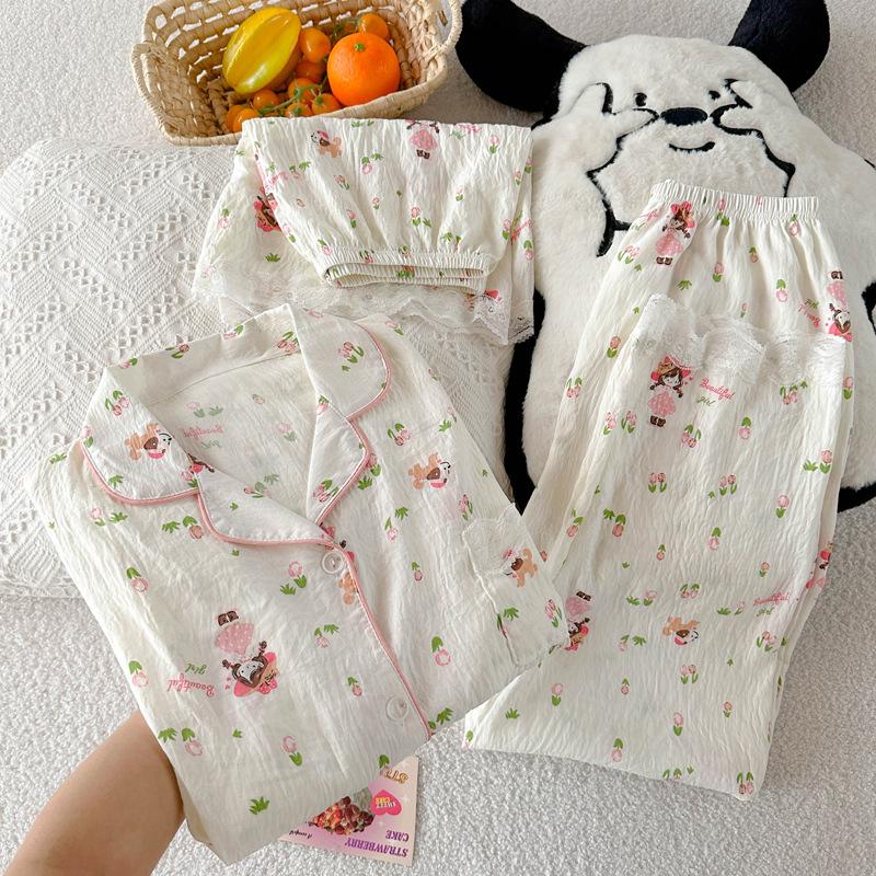 Pastoral Fairy Style Little Girl Summer Short-Sleeved Pajamas Women'S Thin Loungewear Cloud Cotton Three-Piece Set