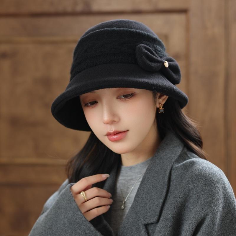 Autumn and winter thickened warm knitted basin hat women's bow bucket hat versatile face little mother hat women's