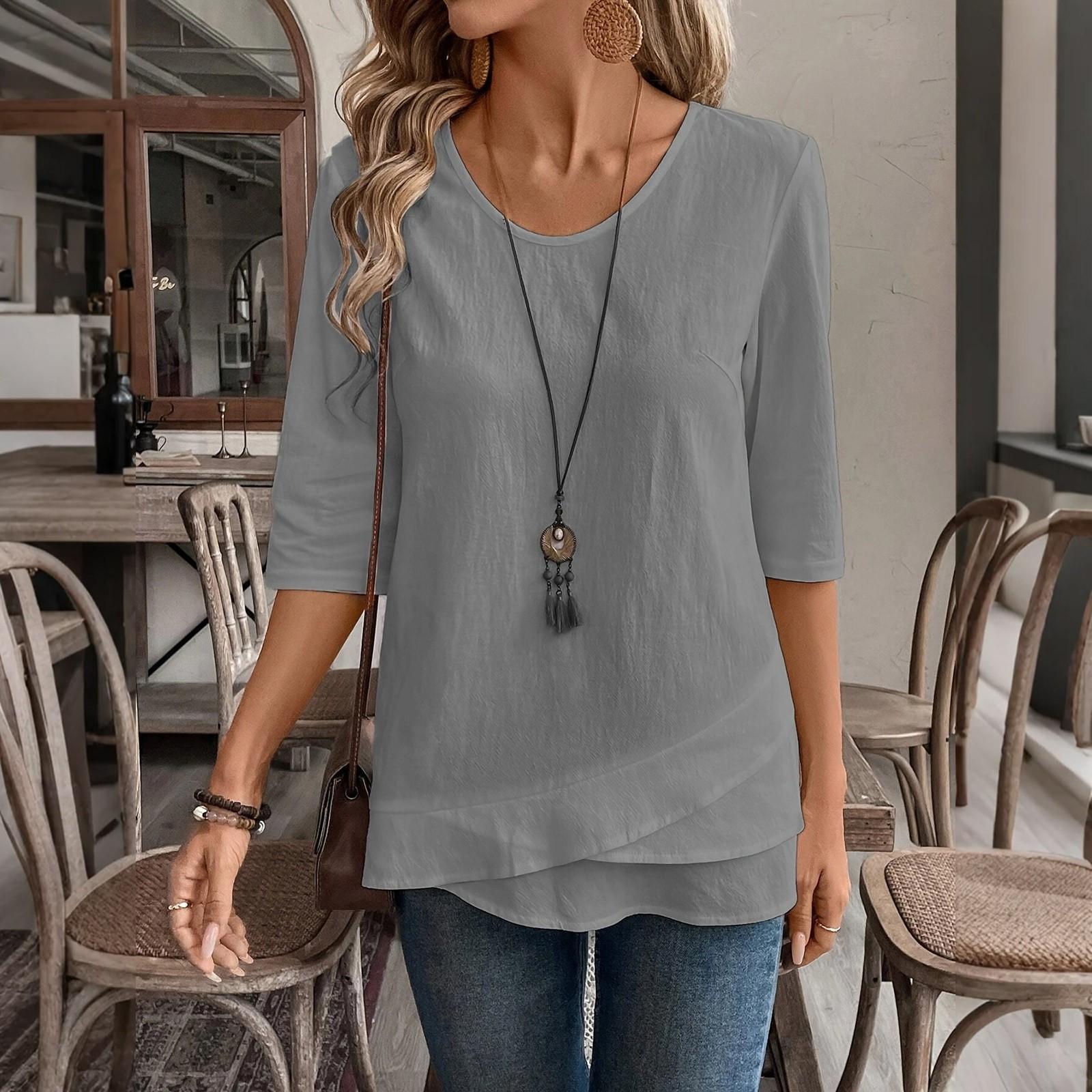 

Womens Tops 3/4 Sleeve Dressy Casual Blouses Blouses For Women Trendy O-Neck Plain Casual TopS S
