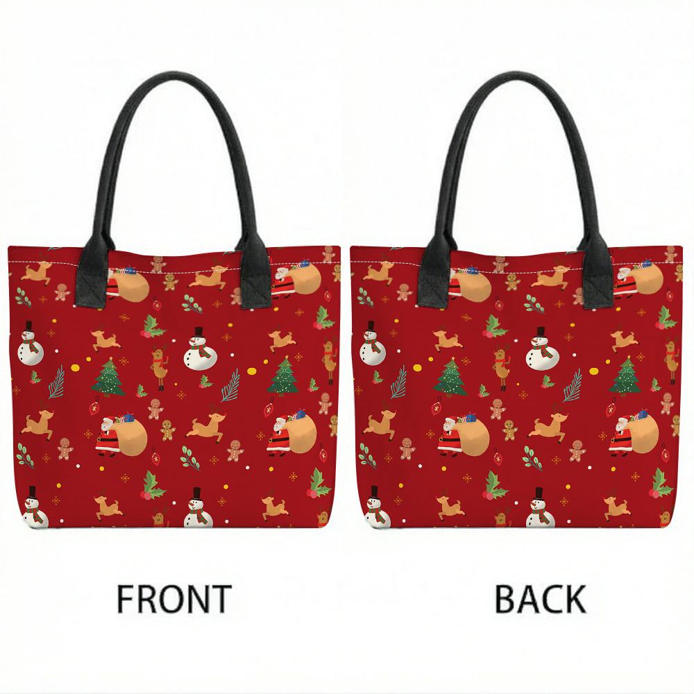 Christmas Pattern Canvas Tote Bag Large Capacity Casual Holiday Shopping Handbag for Daily Use
