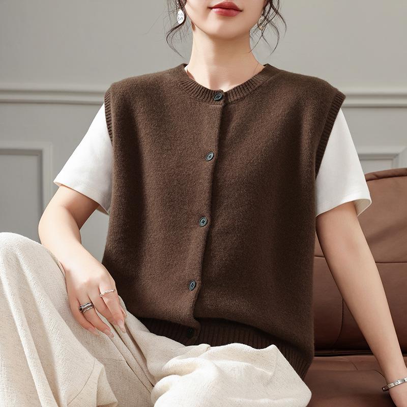 Women's Spring Sleeveless Knit Cardigan - Round Neck Loose Sweater Vest