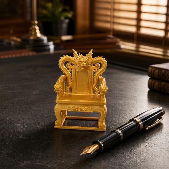 3D Printed Dragon Throne Ornament, Mini Emperor Chair Figurine with Gold Carving, Compact Desk Ornament & Key Holder Stand for Home Office Decor