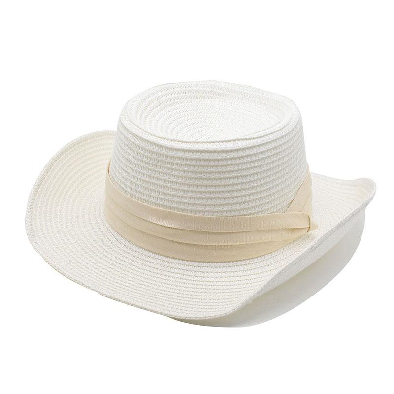 Sunscreen Summer Shade French Flat Top Straw Hat Black Belt Women'S Triple Fold With Seaside Beach Top Hat Sunscreen Woven