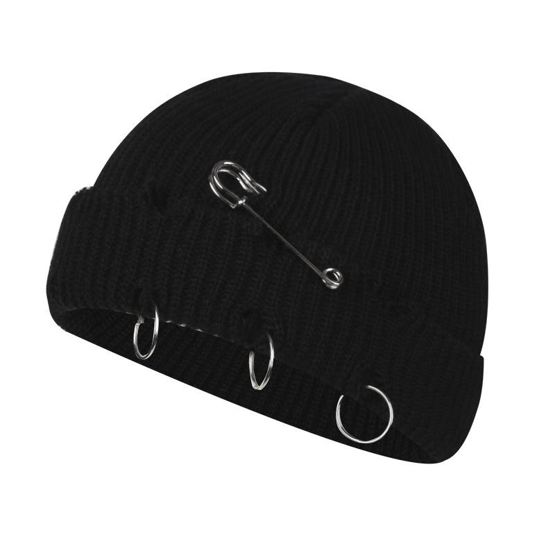 Women Girls Y2k Gothic Beanie Winter Knit Hats Trendy Metal Rings Pin Hip Hop Streetwear Harajuku Skull Cap Emo Scene Grunge