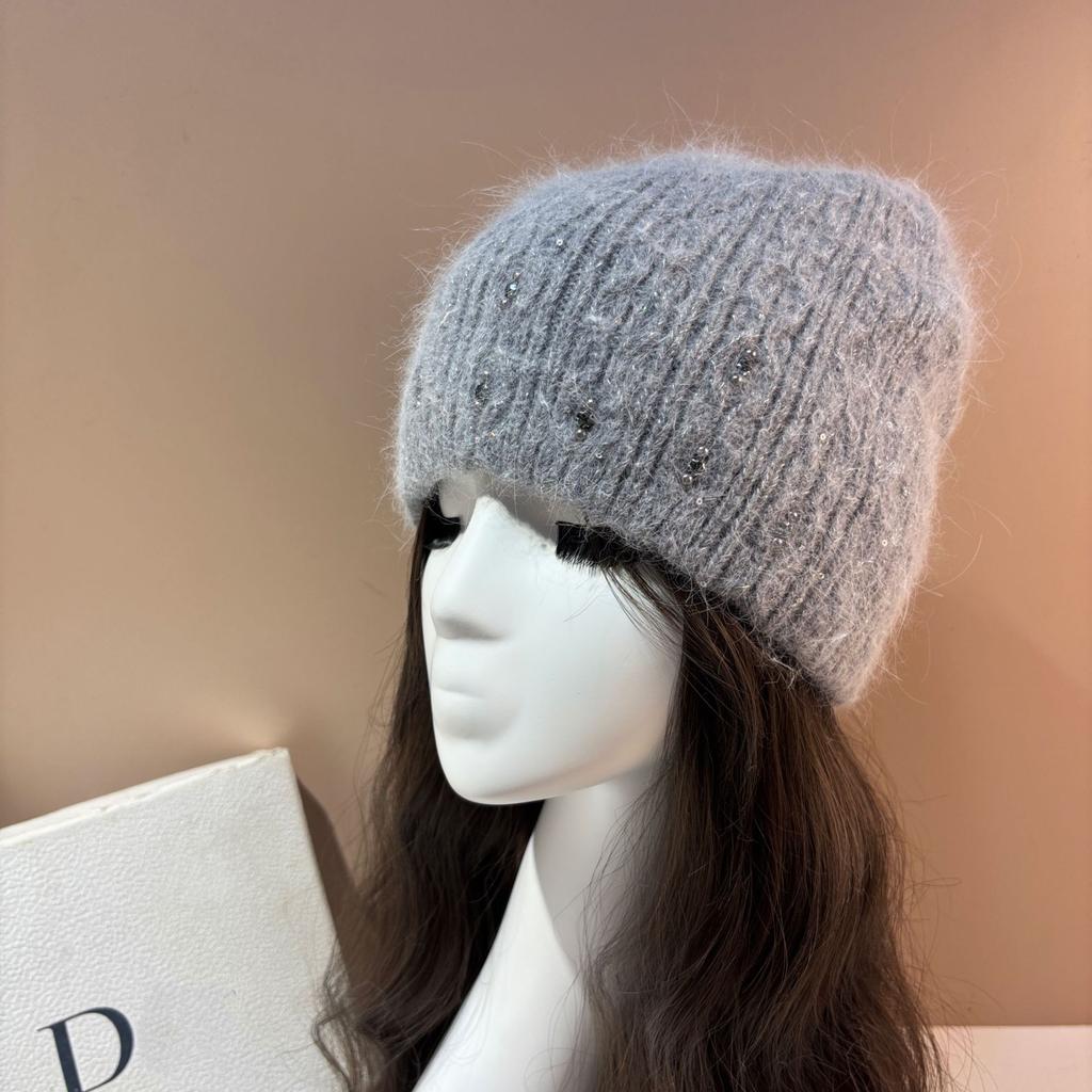 Women Winter Knit Beanie Hat Hand Sewn Pearl Rhinestone Shimmer Soft High Stretch Warm Full Head Cover Hair Loss Concealer Knitted Cap Korean Style