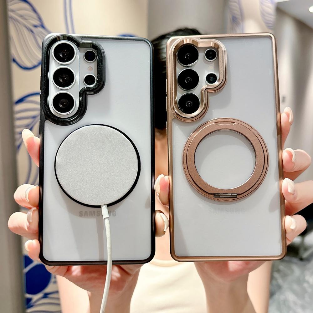 Plating For Magsafe Hidden Holder Clear Phone Case For Samsung Galaxy S26 S25 Ultra Shockproof Magnetic Wirelesss Charge Cover