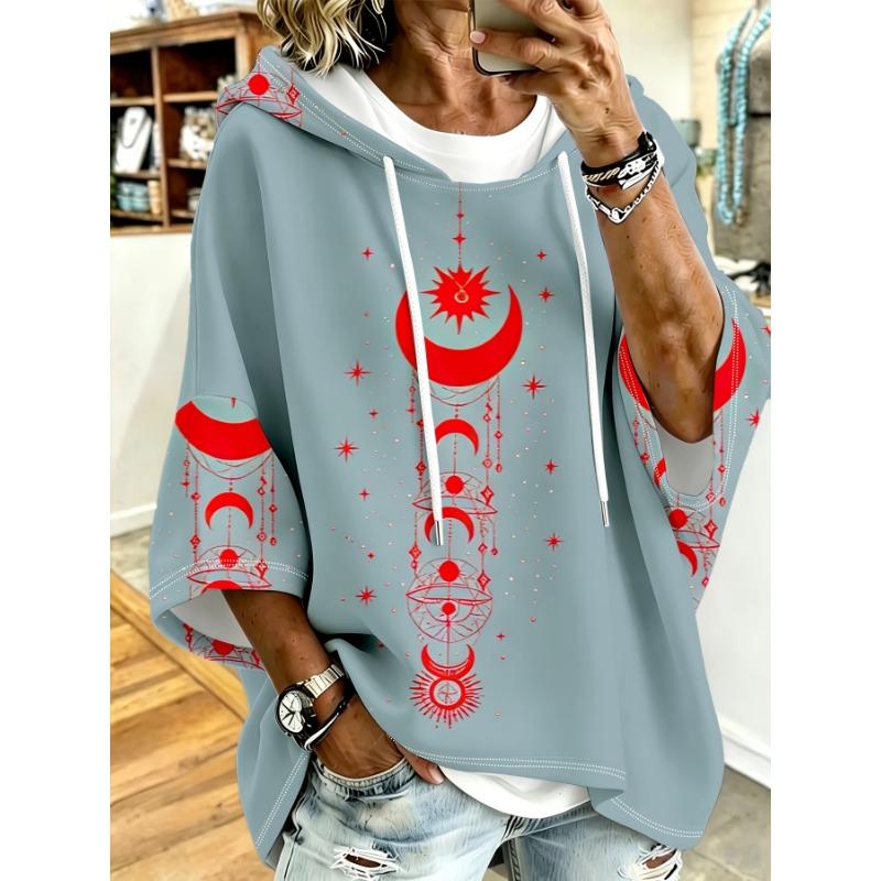 Plus Size Women's Short Sleeve Hooded Top, Blue Moon Star Print Loose Off Shoulder Hoodie