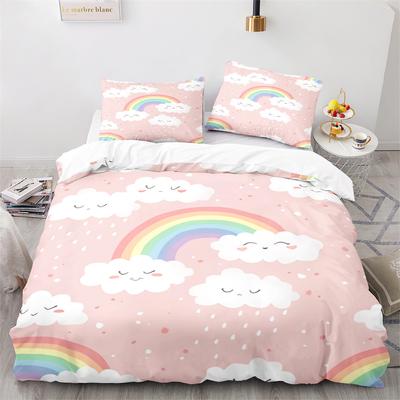 Regenbogen Bettbezug Set Bunt Regenbogen Weiße Wolken Muster Niedlich Kawaii Polyester Bettdeckenbezug King Queen Größe Für Mädchen