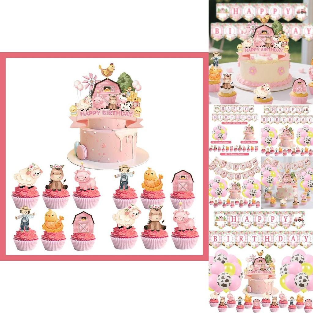 Farm Animal Birthday Party Banner And Balloon Decor Set With Paper Flags For Kids Celebration