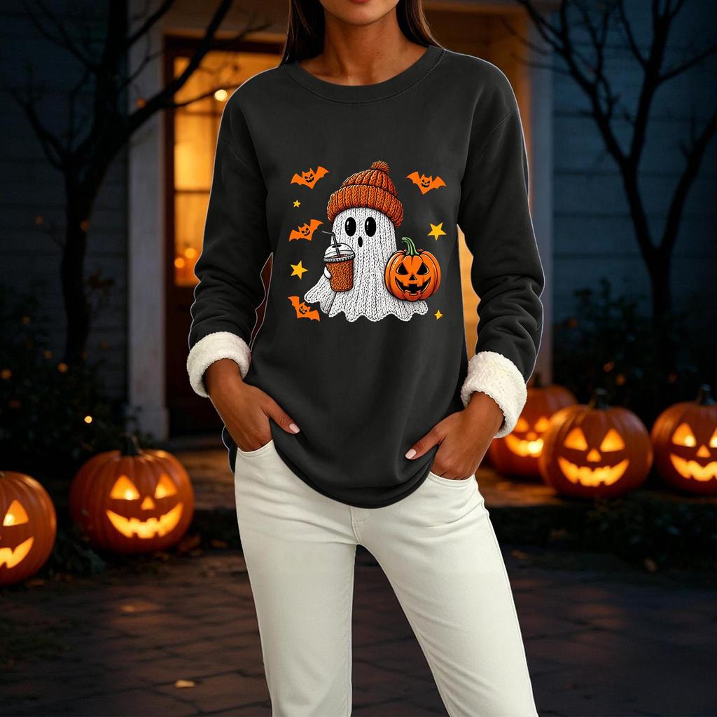 Women's Halloween -Lined Long Sleeve Round Neck Print Casual Winter Top
