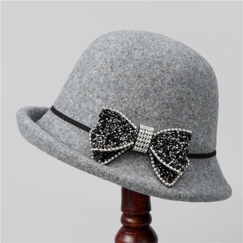 

Осенне-зимняя шерстяная шляпа-цилиндр женская со стразами, бант, французская ретро шляпа-котелок, модная шляпа-ведро ONE SIZE серый