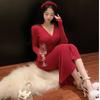 Sexy Spice Girl Red V-Neck Long Sleeve Dress Women's Spring New Slim Skinny Hip Wrap Niche Long Skirt