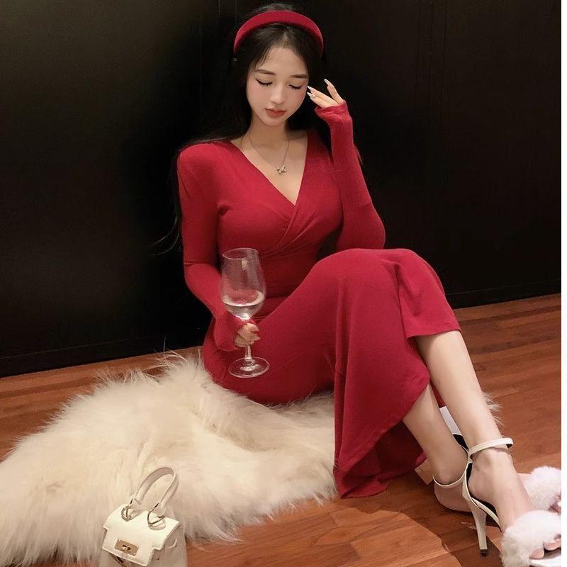 Sexy Spice Girl Red V-Neck Long Sleeve Dress Women's Spring New Slim Skinny Hip Wrap Niche Long Skirt